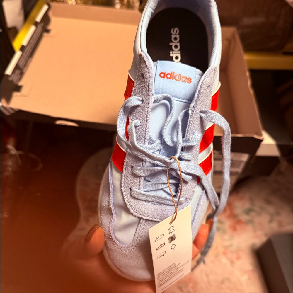 adidas Kids Light Blue Sneakers with Red Stripes